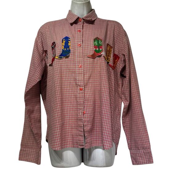 Vintage croquet plaid cowboy boot embroidered button up long sleeve shirt Size L - Picture 1 of 5